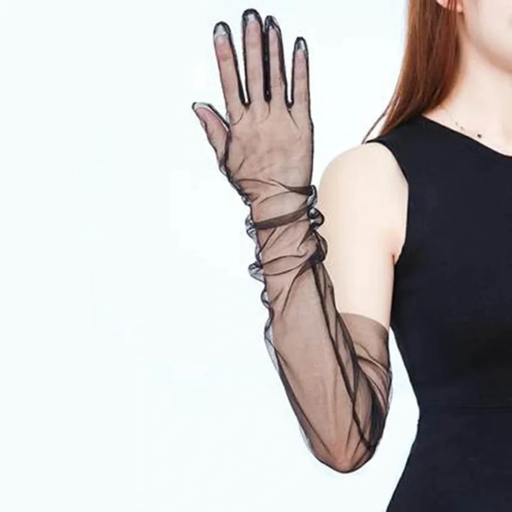2PAIRS Mesh Kink Long Tulle Crumbling Taffeta Black High Gloves Transparent